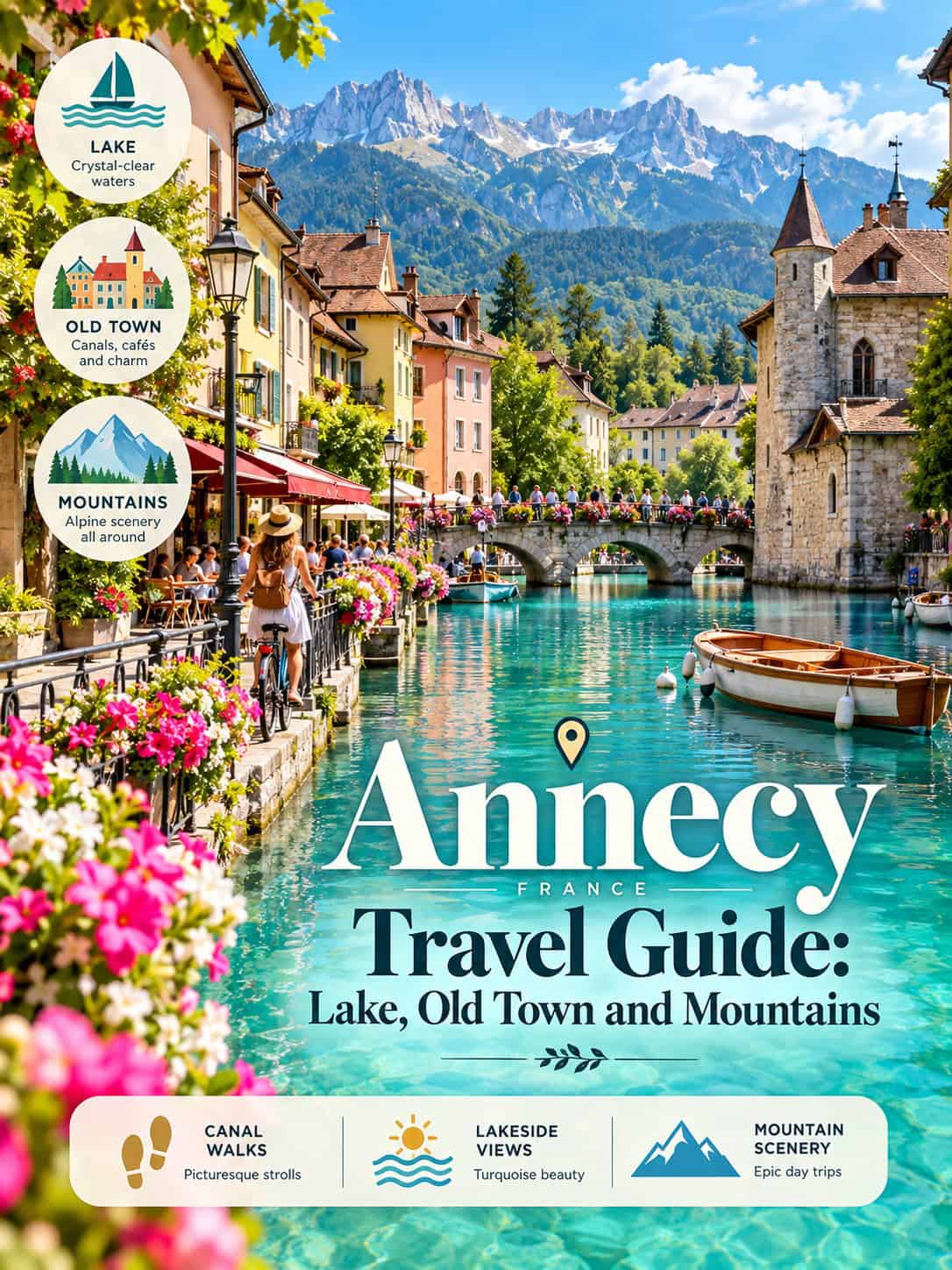 Lake Annecy France old town, lake and mountains