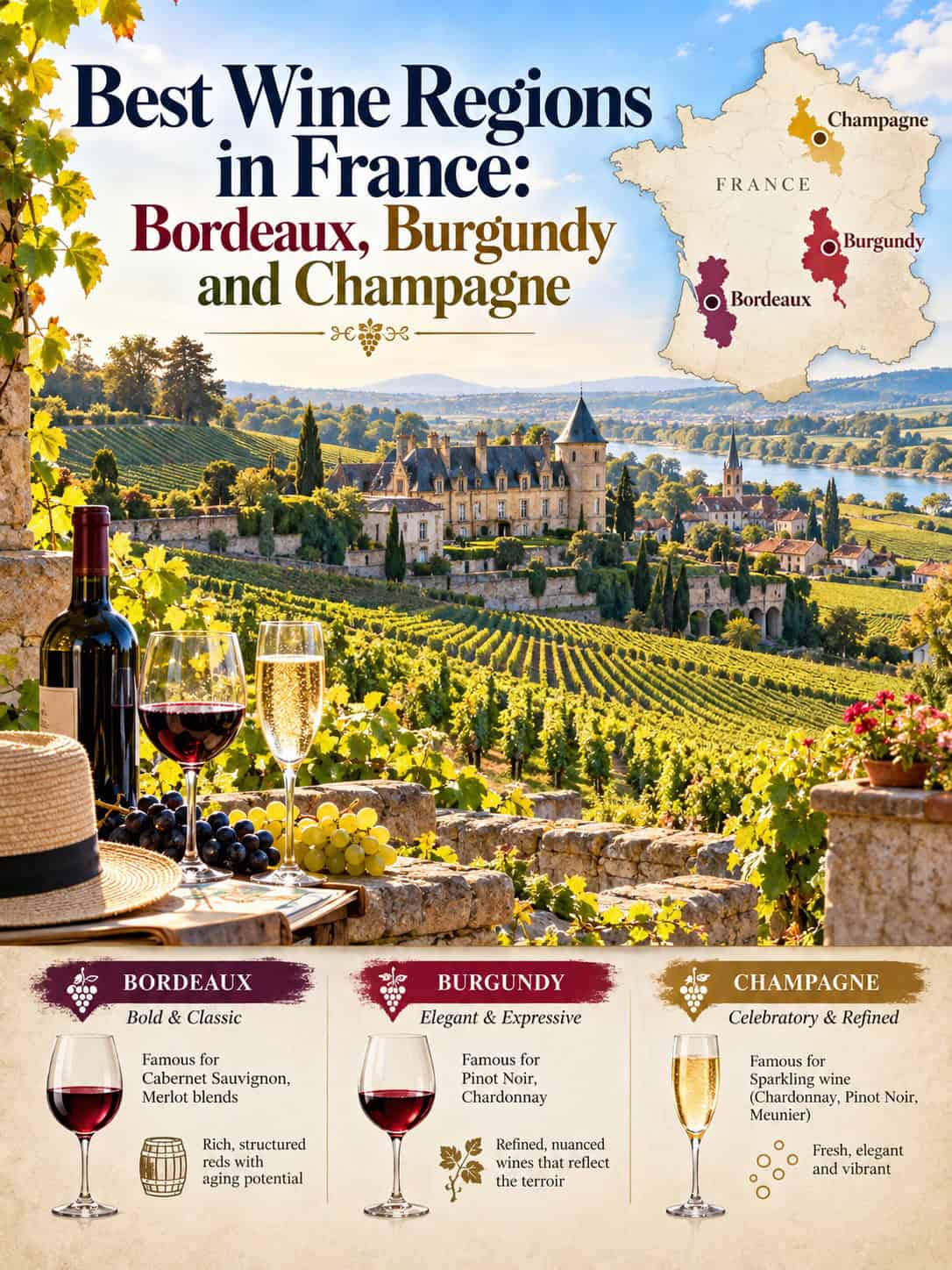 French wine regions: vineyards and wine cellar